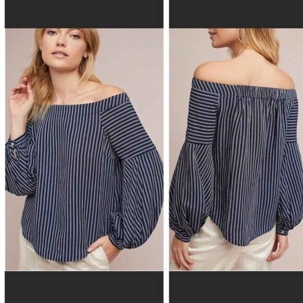 Anthropologie Maeve Clotille Navy & White Striped Off-the-Shoulder LS Top Sz 4 - Picture 6 of 10